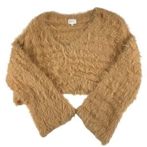 Dee Elly Womens Camel Tan Fuzzy Eyelash Knit Cropped V-Neck Sweater Small